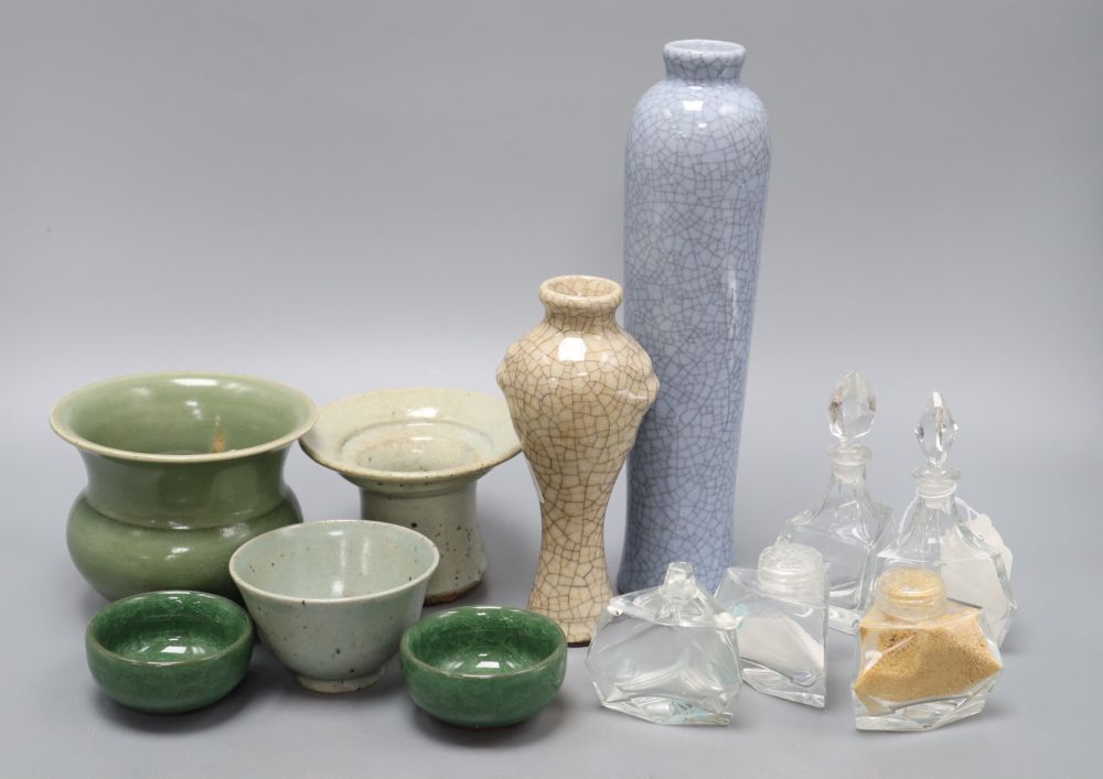 Five Oriental celadon type bowls or vases and two crackleware vases and five glass condiments, tallest 26cm